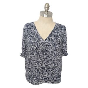 J.Crew Blue Floral V-Neck Short Sleeve Blouse Size Medium
